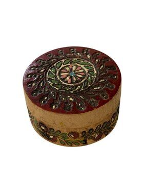 Vintage Handcrafted Round Wooden Trinket Box With Floral Design Noted 60/150